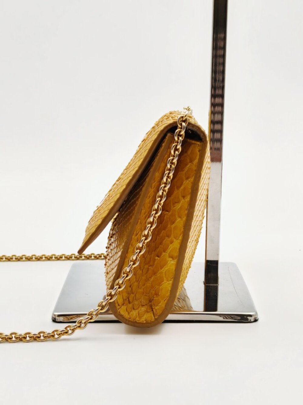 Salvatore Ferragamo Yellow Python Embossed Leather Chain Shoulder Bag Clutch - Picture 5 of 11